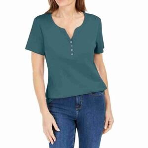 Karen Scott Womens Deep Jade Short Sleeve V Neck Henley Top Size XXL